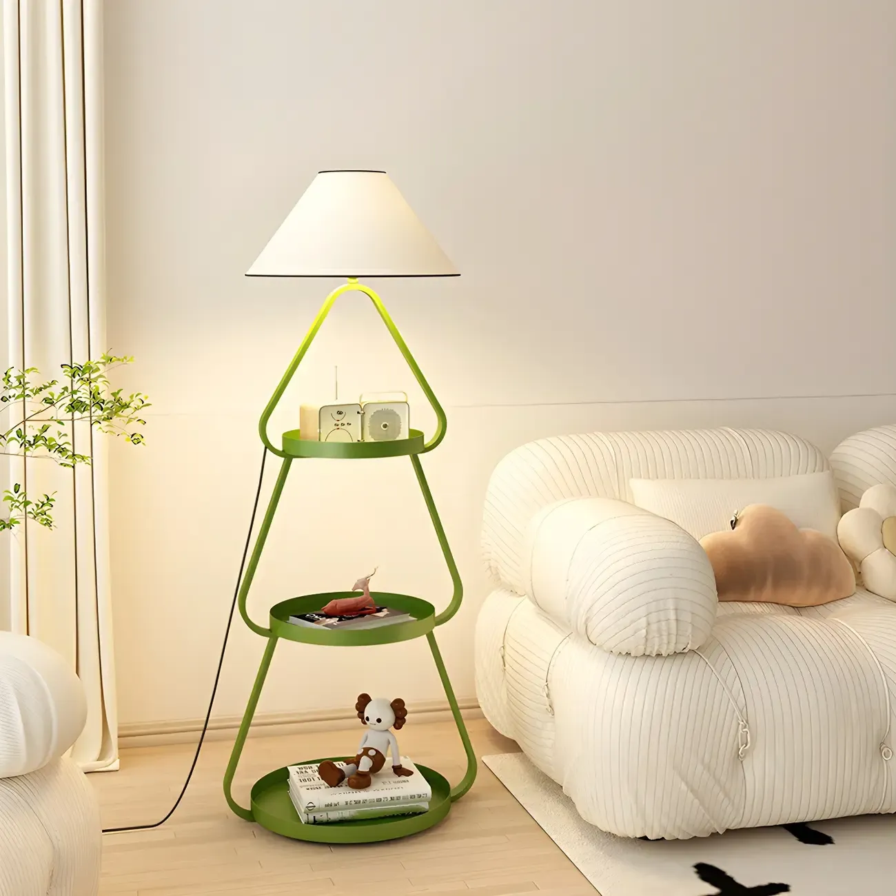 Practical Cream Floor Lamp with Shelves and Shade for Decor Image - 9