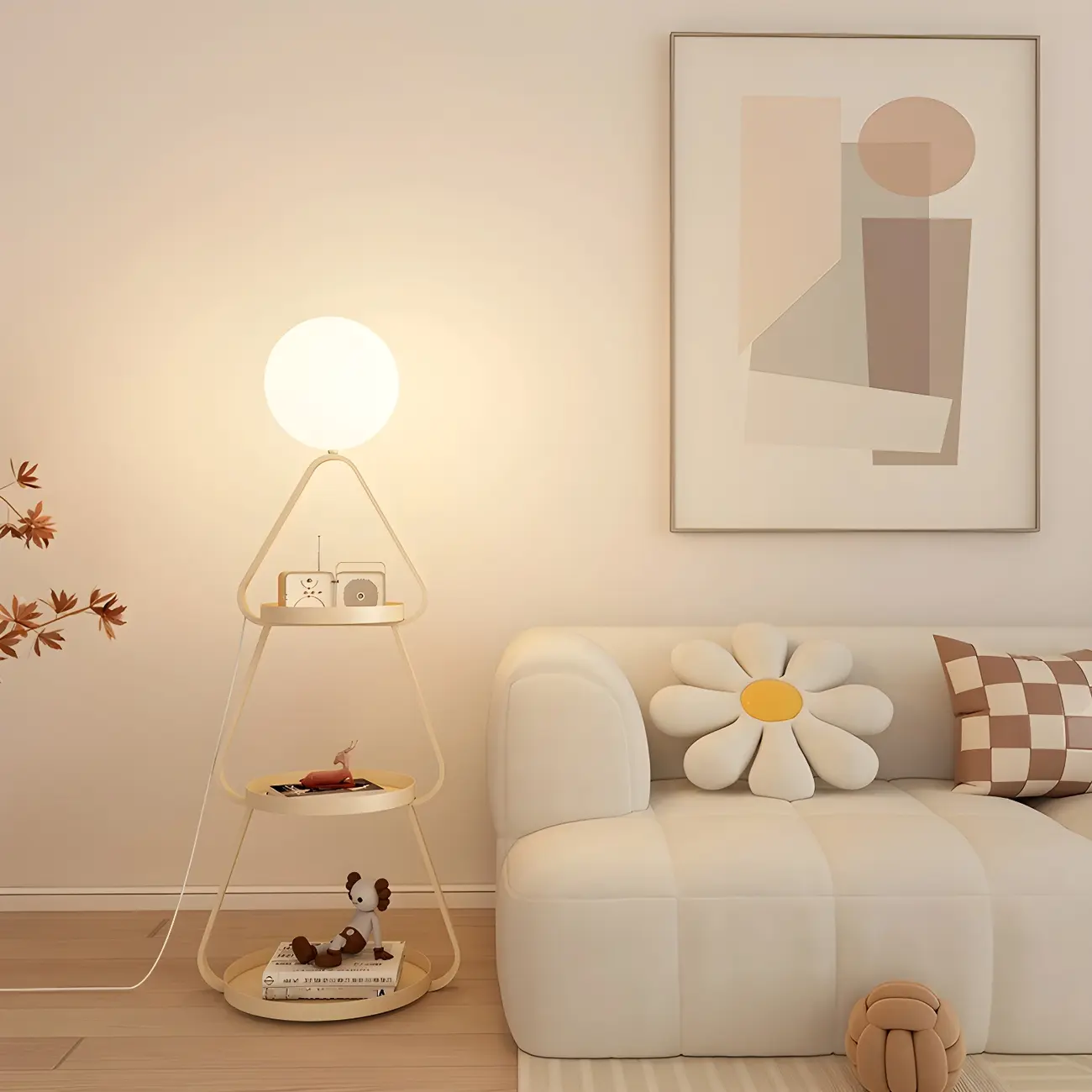 Practical Cream Floor Lamp with Shelves and Shade for Decor Image - 13 | homeyfad
