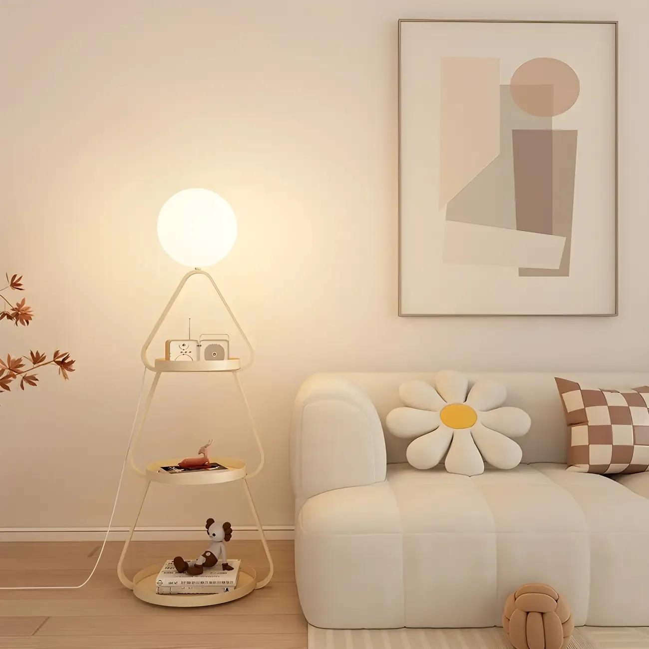Practical Cream Floor Lamp with Shelves and Shade for Decor Image - 13