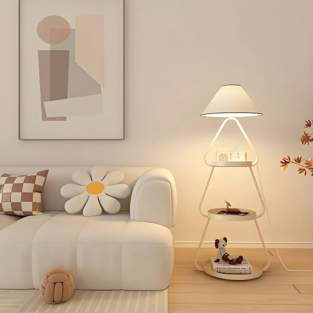 Practical Cream Floor Lamp with Shelves and Shade for Decor Image - 14
