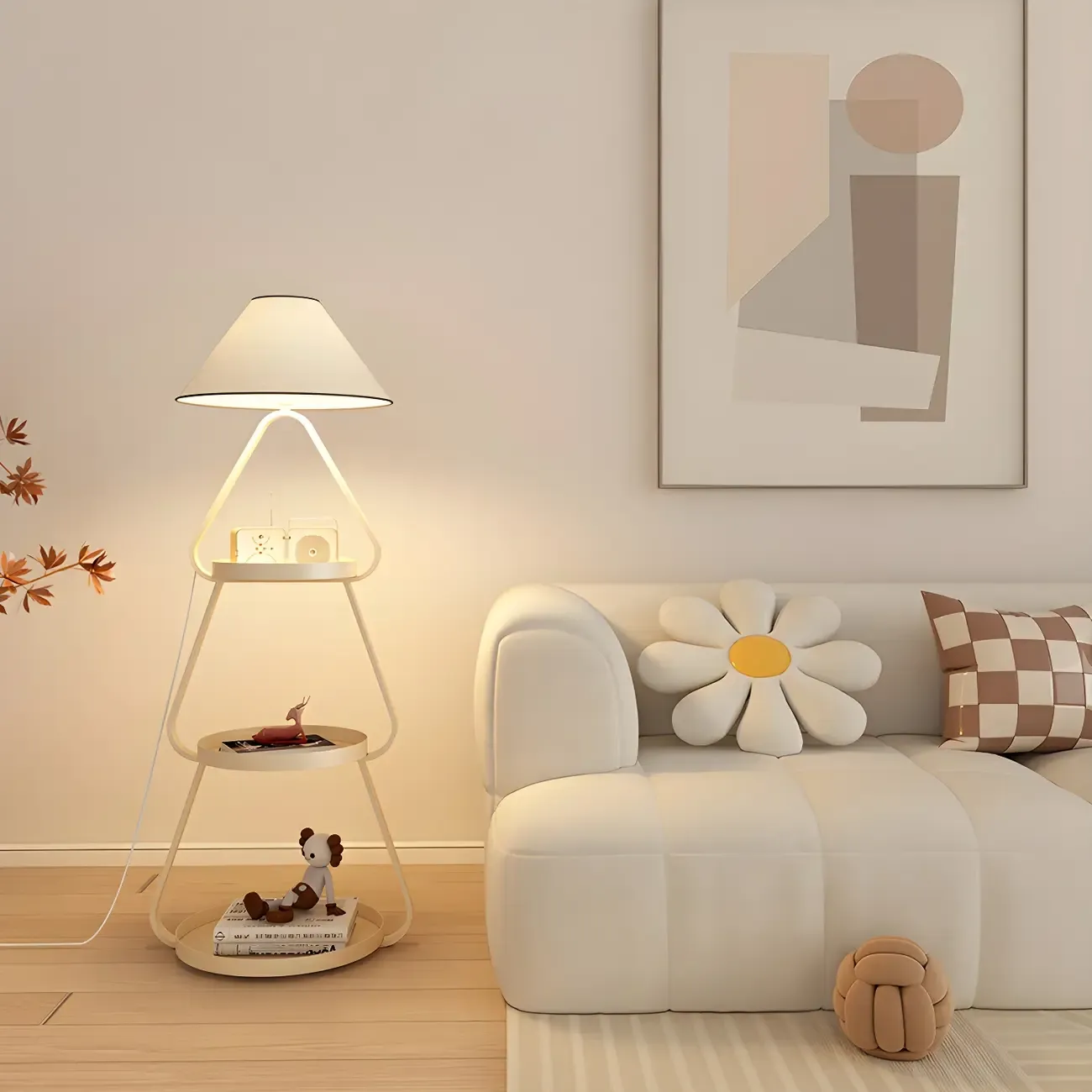 Practical Cream Floor Lamp with Shelves and Shade for Decor Image - 15