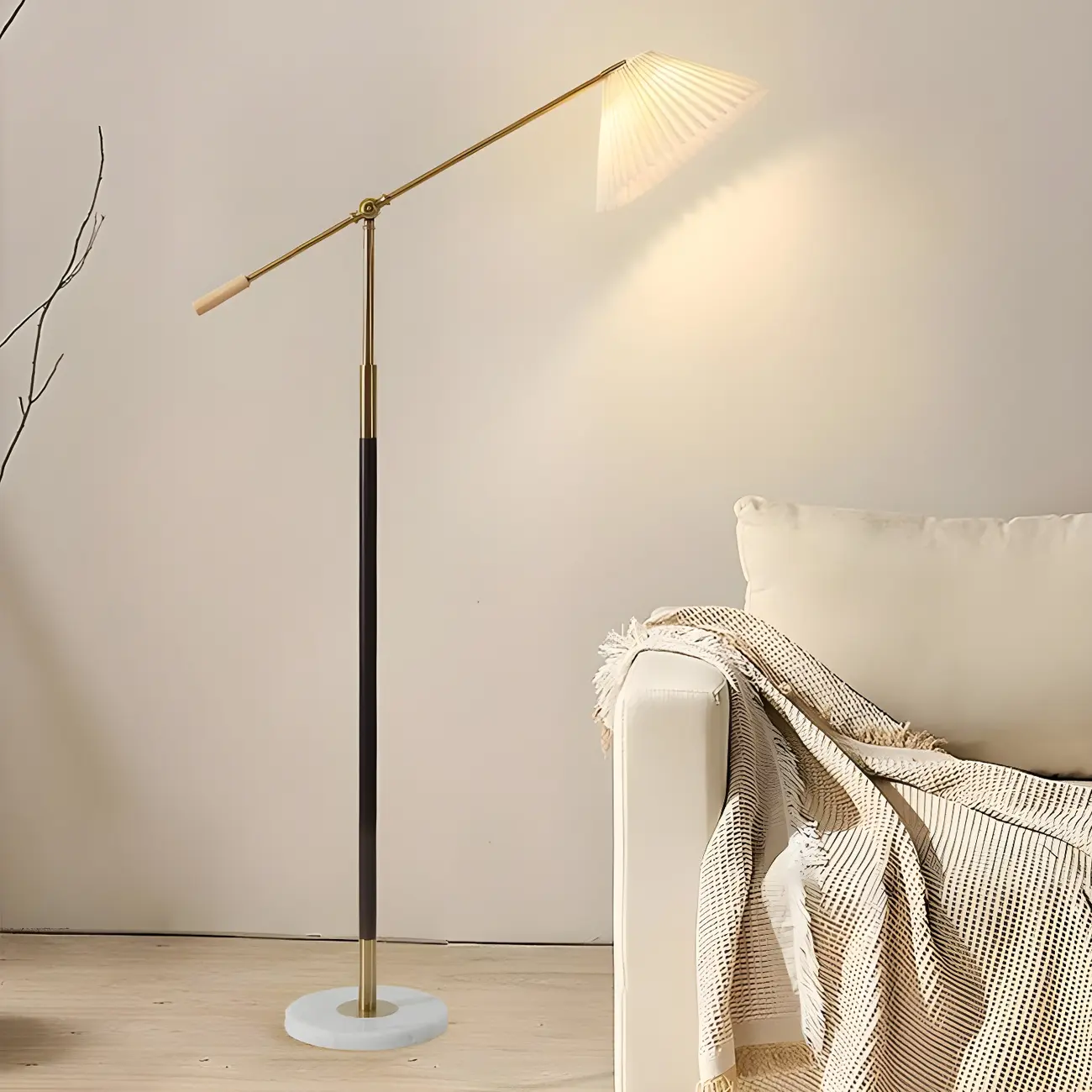 Adjustable Black Gold Metal Floor Lamp with White Pleated Shade  Image - 1 | homeyfad