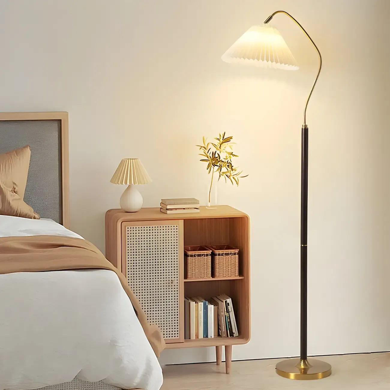 Adjustable Black Gold Metal Floor Lamp with White Pleated Shade Image - 4