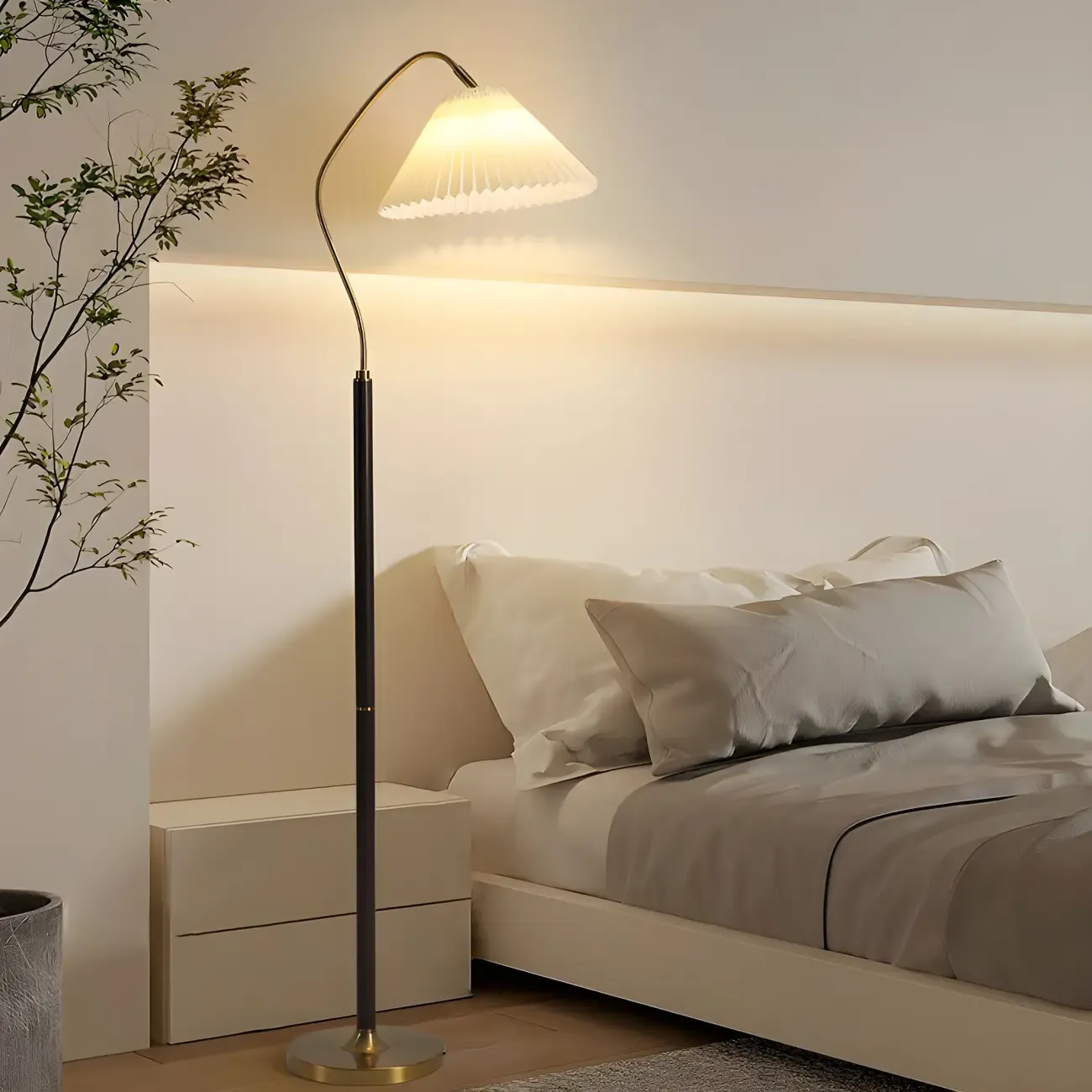Adjustable Black Gold Metal Floor Lamp with White Pleated Shade  Image - 6