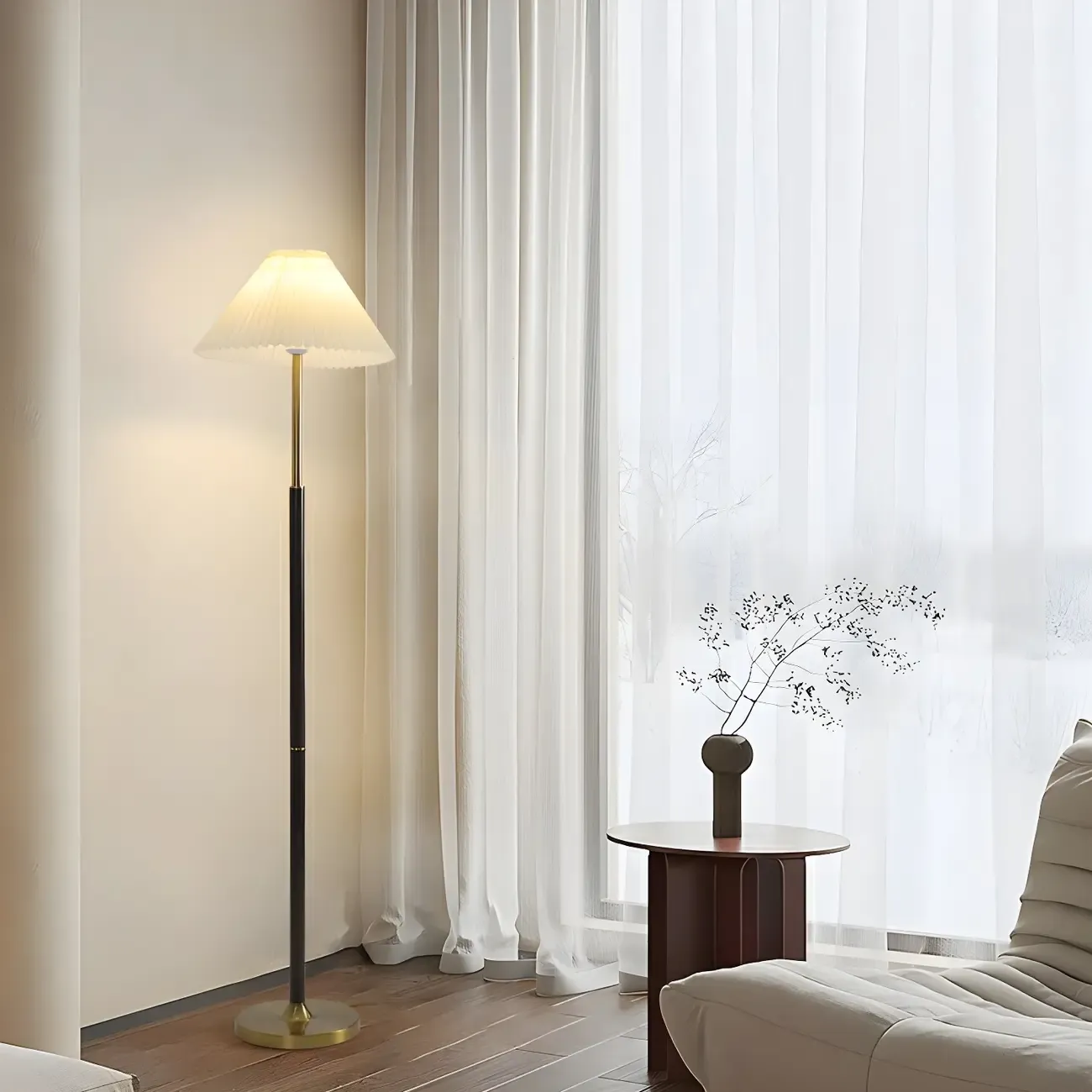 Adjustable Black Gold Metal Floor Lamp with White Pleated Shade  Image - 7