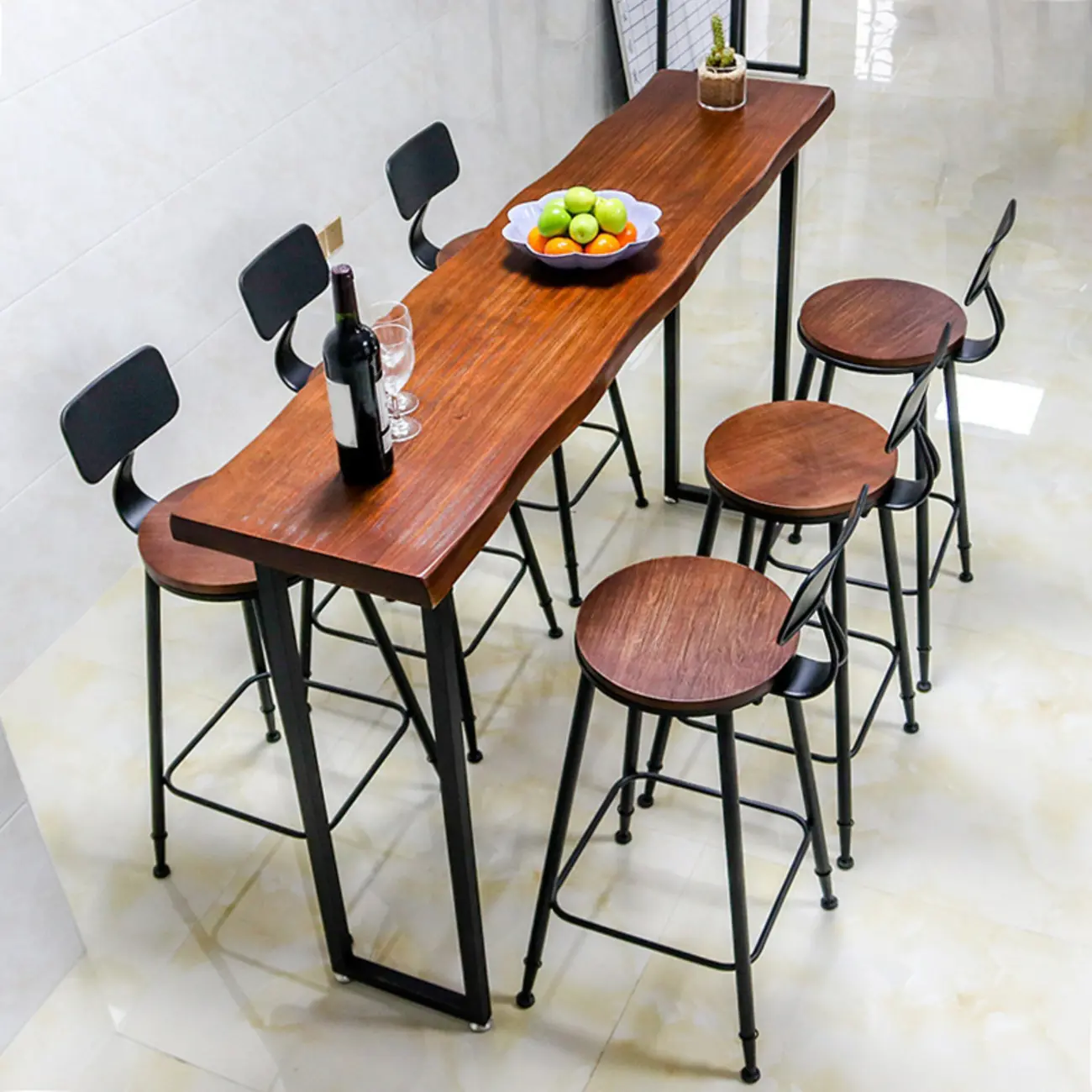 Espresso Wood Pub Table Set with Metal Footrest Image - 2 | homeyfad