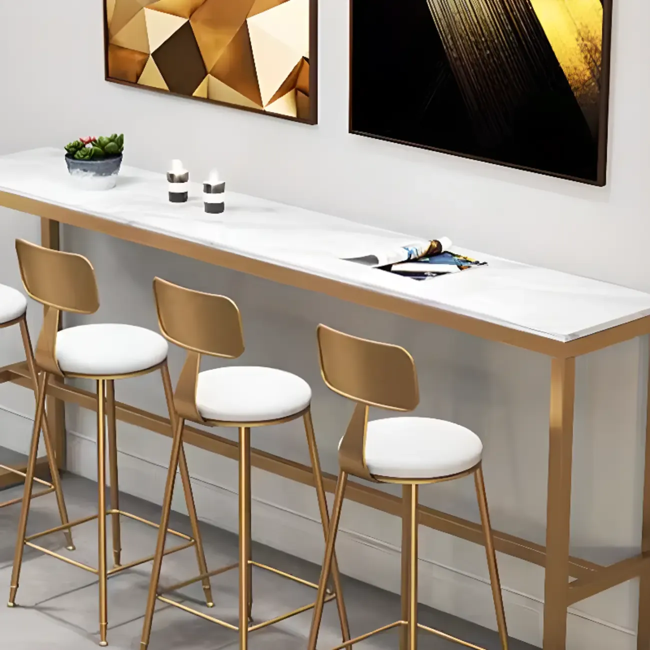 Elegant Faux Marble Bar Table Set with Upholstered Chairs Image - 5