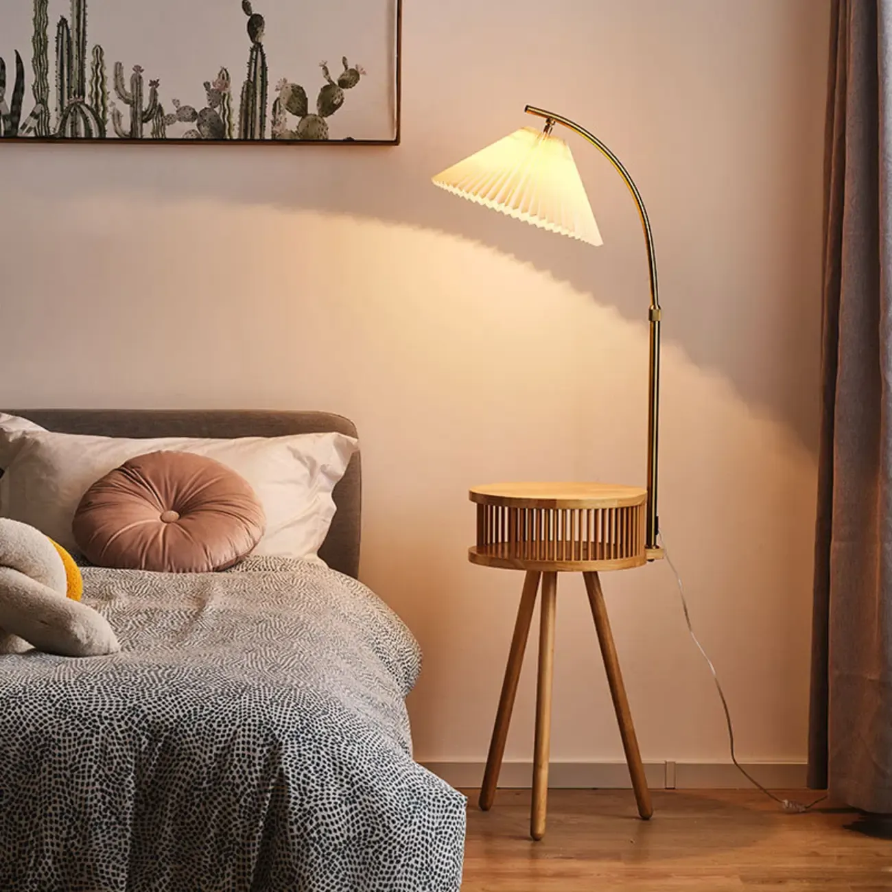Wood Color Fabric Shade Modern Floor Lamp with Tripod Shelf Image - 1