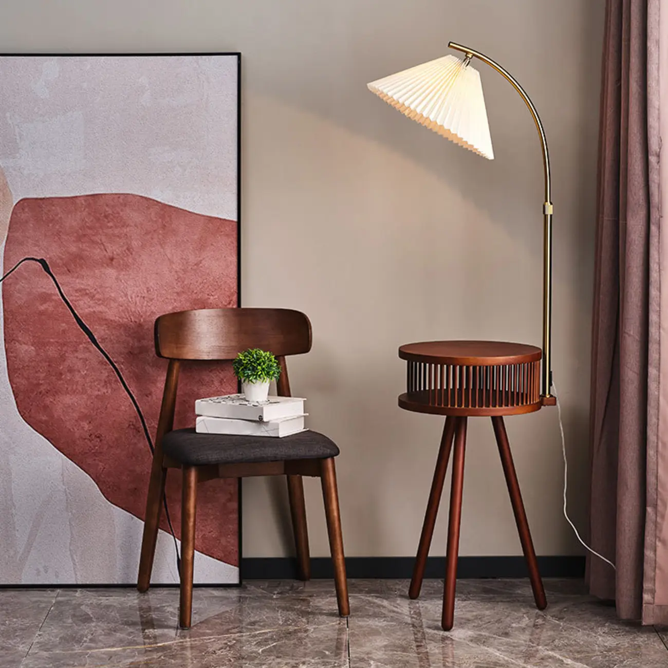 Wood Color Fabric Shade Modern Floor Lamp with Tripod Shelf Image - 2 | homeyfad