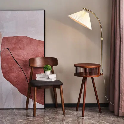 Wood Color Fabric Shade Modern Floor Lamp with Tripod Shelf Image - 2