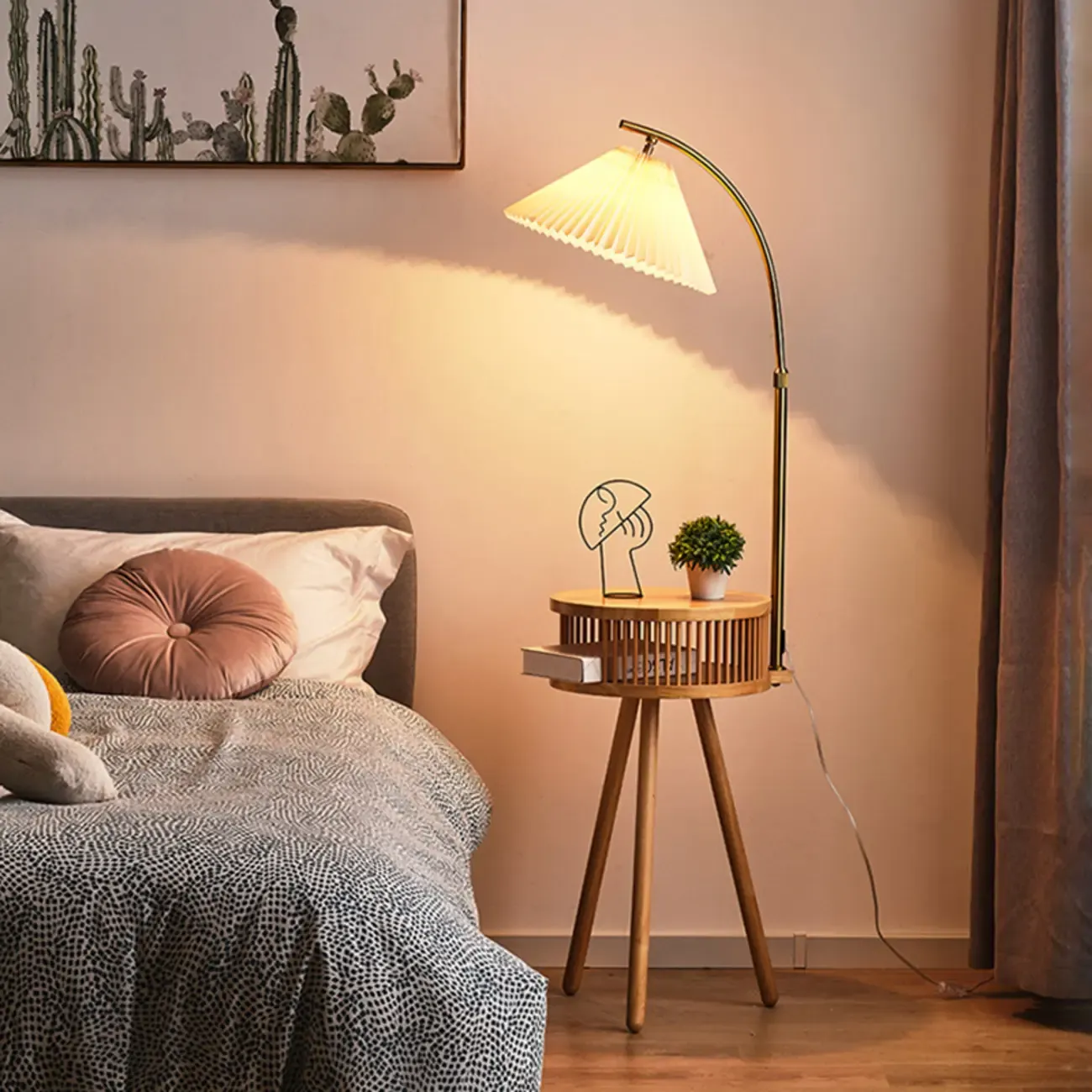 Wood Color Fabric Shade Modern Floor Lamp with Tripod Shelf Image - 3