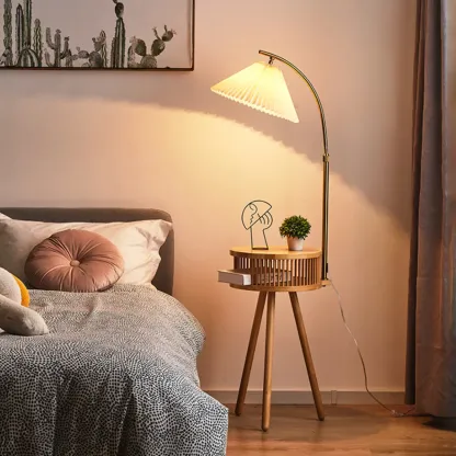 Wood Color Fabric Shade Modern Floor Lamp with Tripod Shelf Image - 3