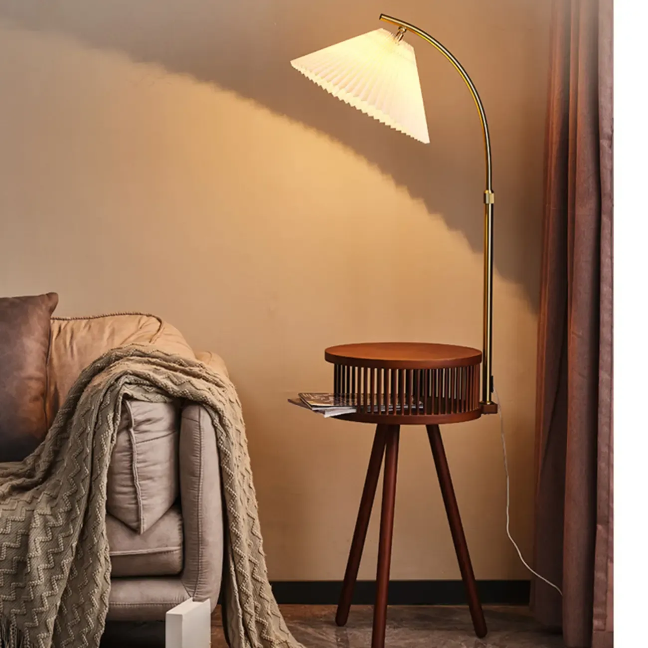 Wood Color Fabric Shade Modern Floor Lamp with Tripod Shelf Image - 4