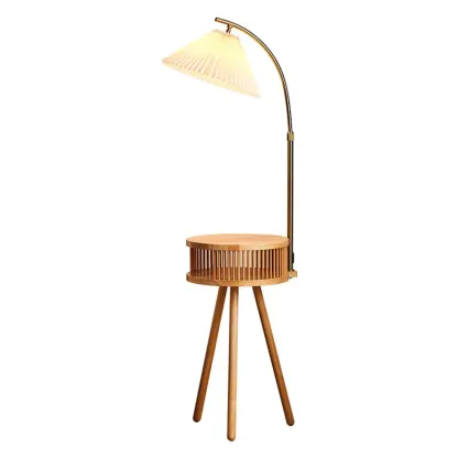Wood Color Fabric Shade Modern Floor Lamp with Tripod Shelf Image - 5