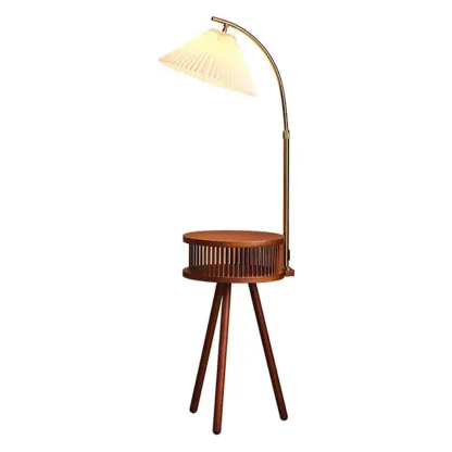 Wood Color Fabric Shade Modern Floor Lamp with Tripod Shelf Image - 6