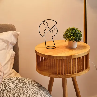 Wood Color Fabric Shade Modern Floor Lamp with Tripod Shelf Image - 9