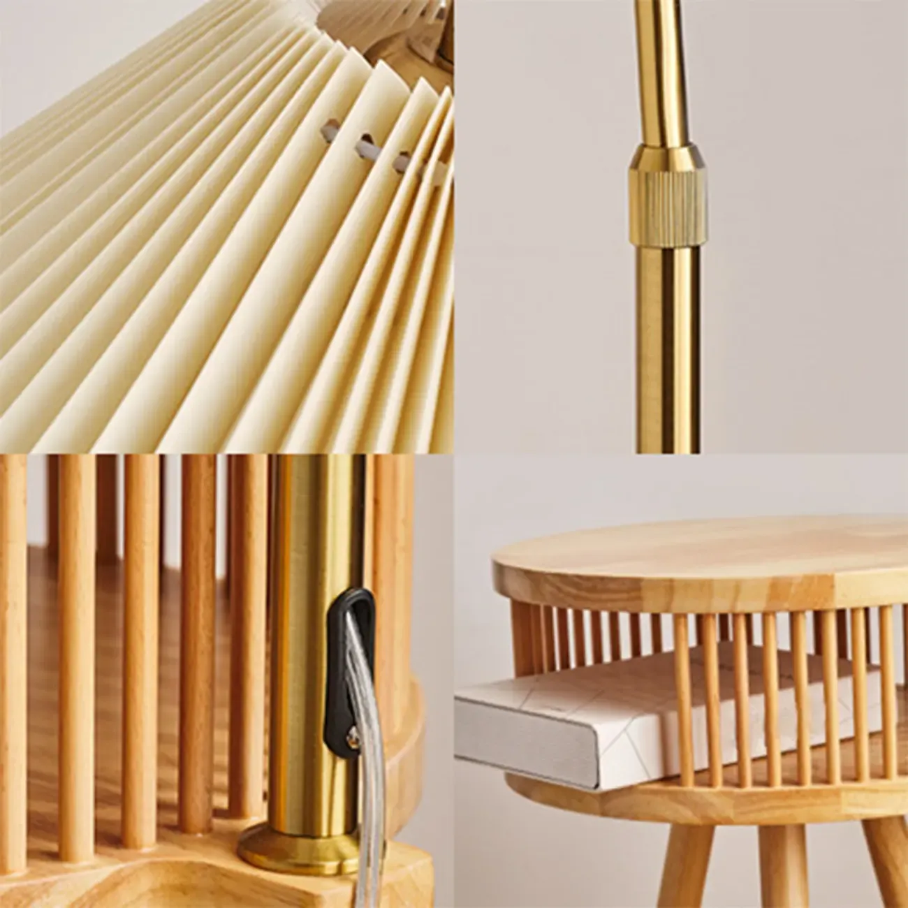 Wood Color Fabric Shade Modern Floor Lamp with Tripod Shelf Image - 10