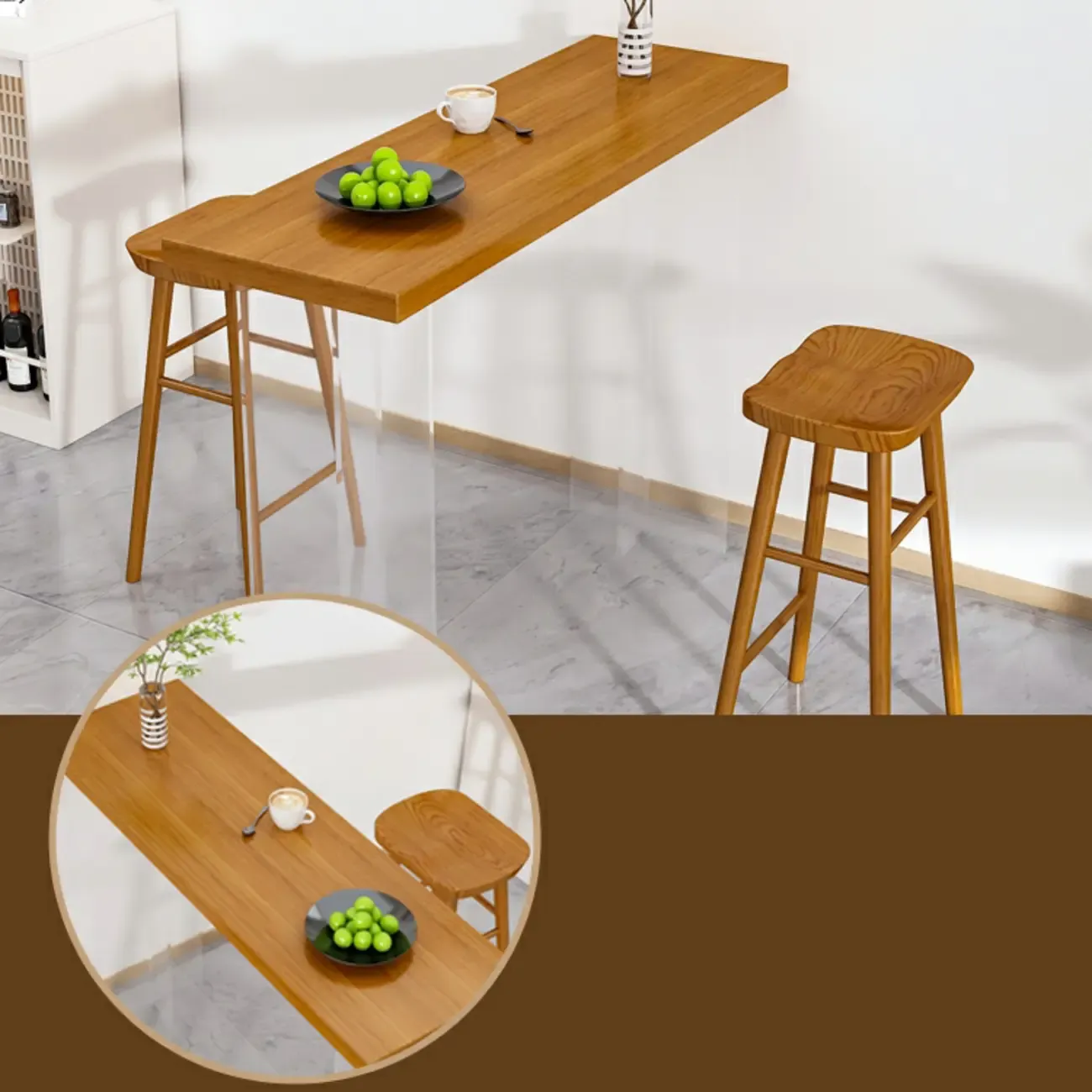 Modern Brown Bar Set with Wood Seating and Footrest Image - 6
