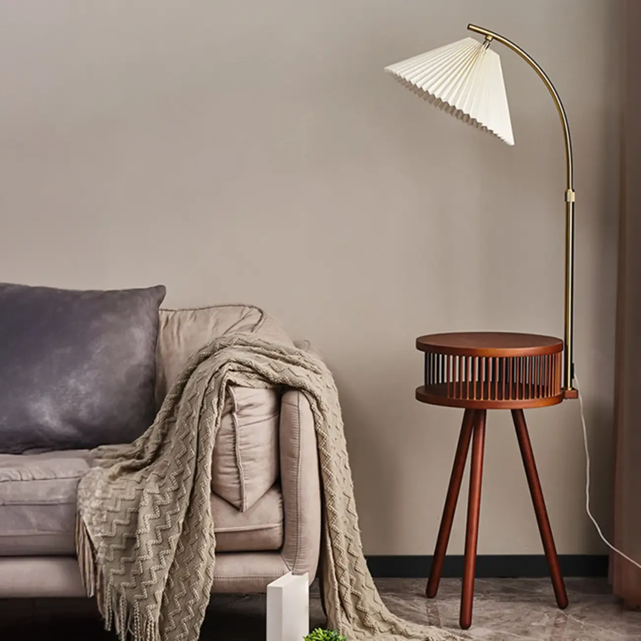 Wood Color Fabric Shade Modern Floor Lamp with Tripod Shelf Image - 11