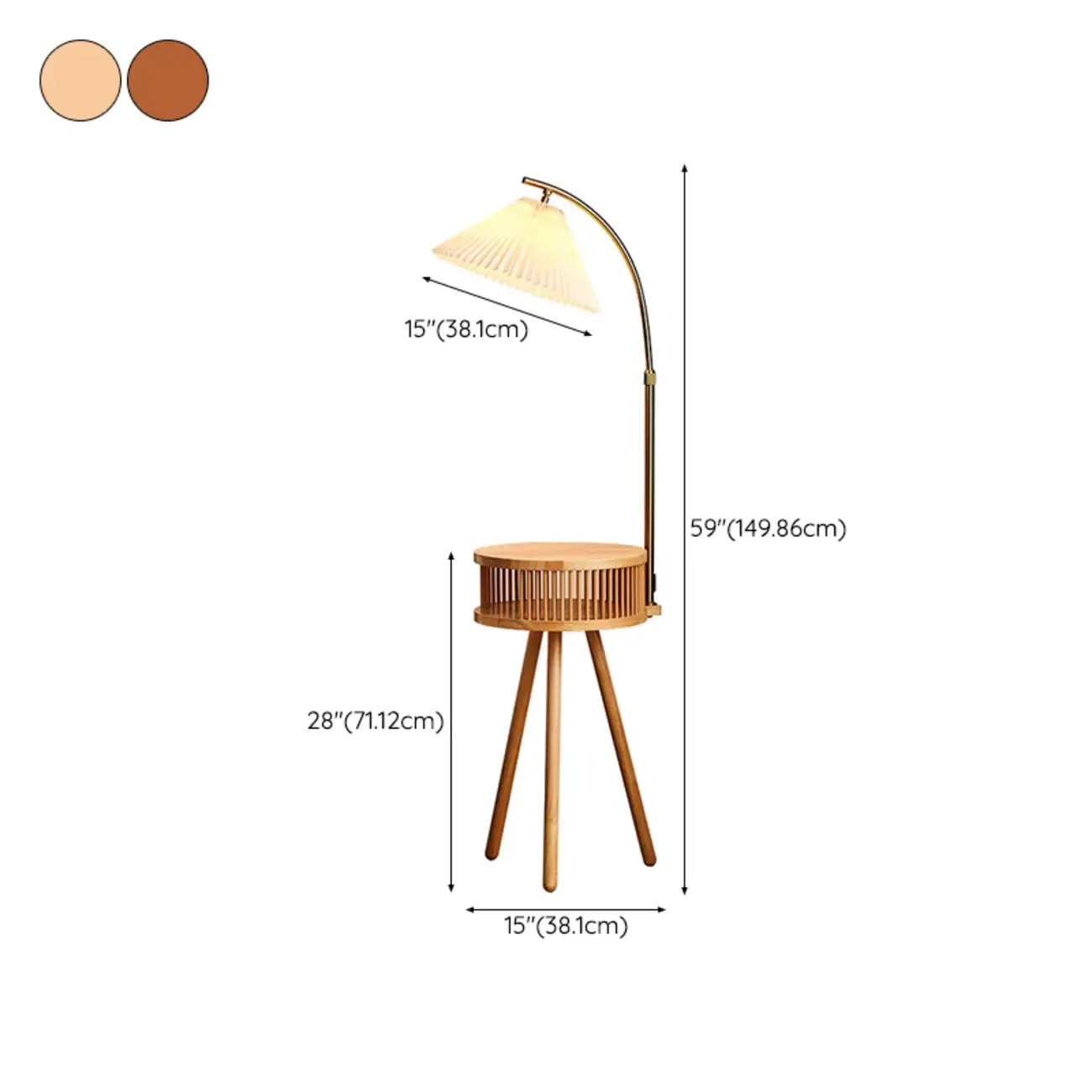Wood Color Fabric Shade Modern Floor Lamp with Tripod Shelf #size