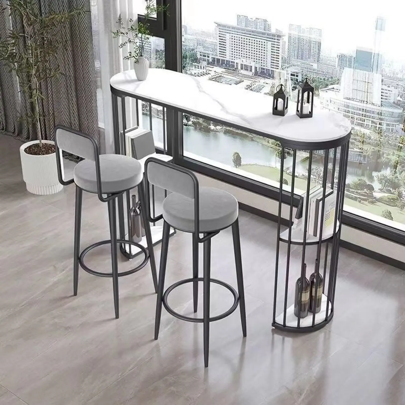 Modern Oval Bar Table Set with Storage and Cushioned Chairs Image - 1 | homeyfad