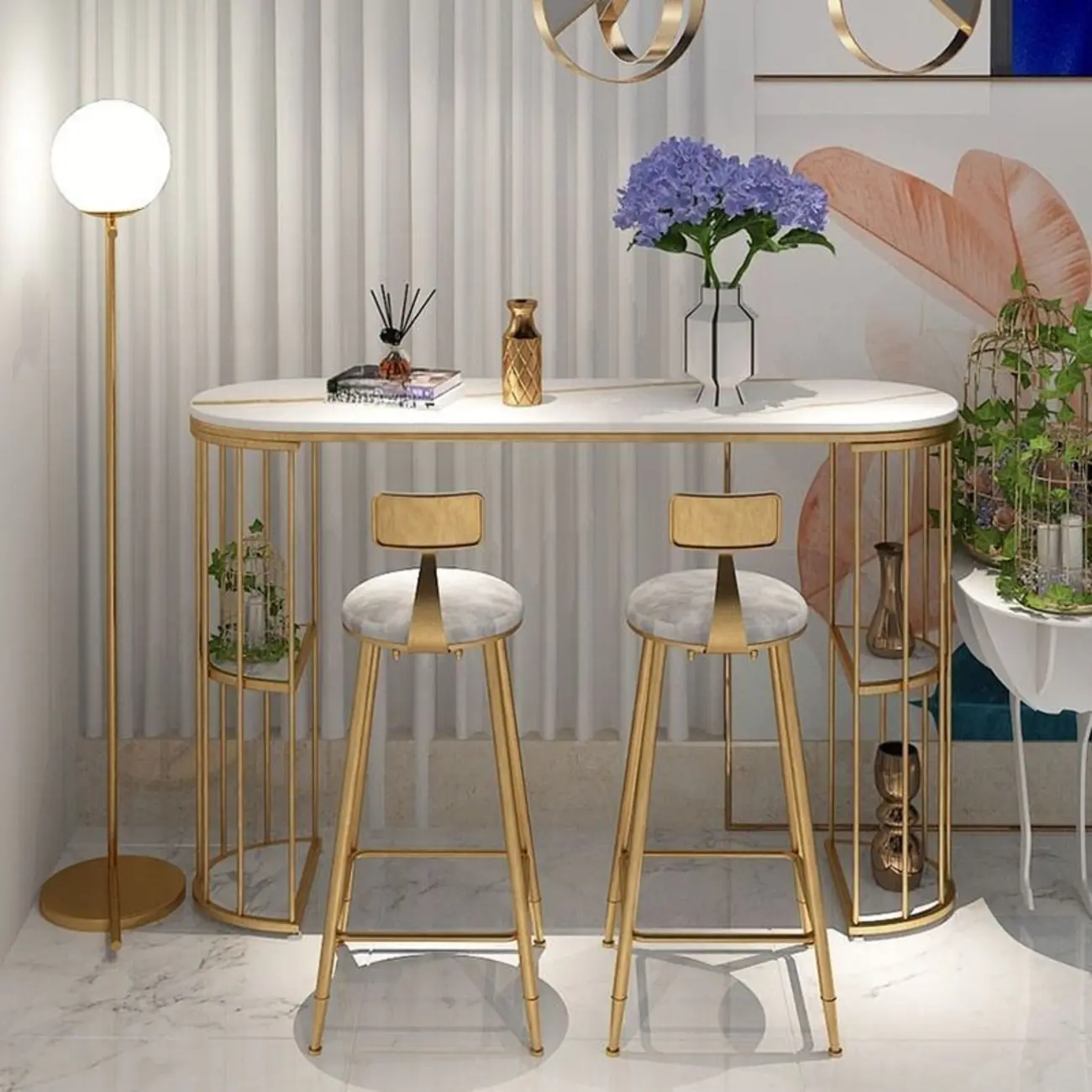 Modern Oval Bar Table Set with Storage and Cushioned Chairs Image - 2 | homeyfad