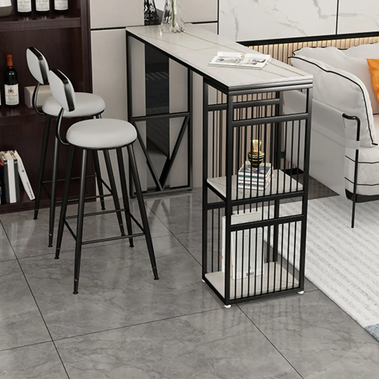 Modern Rectangle Stone Pub Table with Storage Shelf Image - 2 | homeyfad