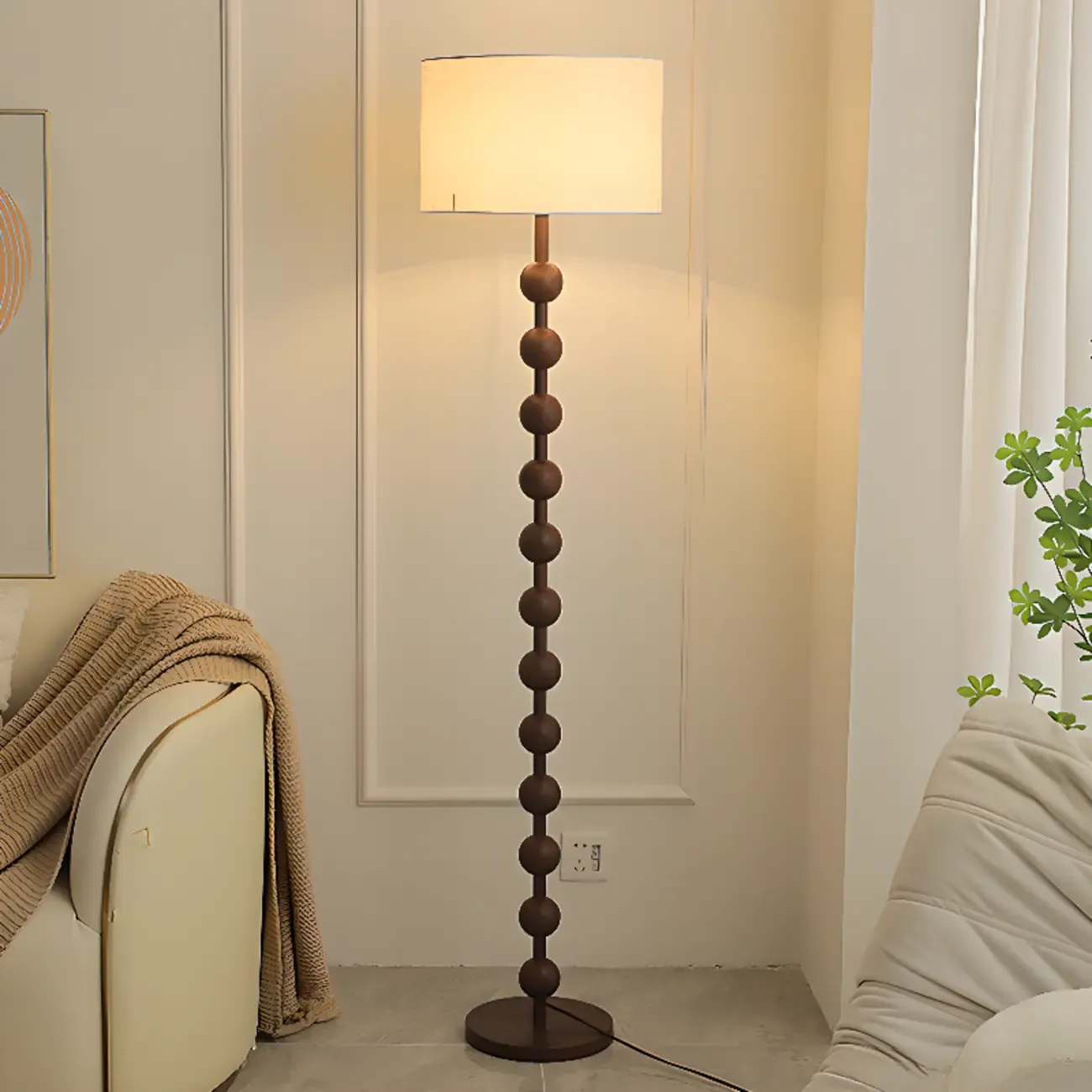 Stacked Ball Wood Floor Lamp with Fabric Shade for Living Room Image - 1