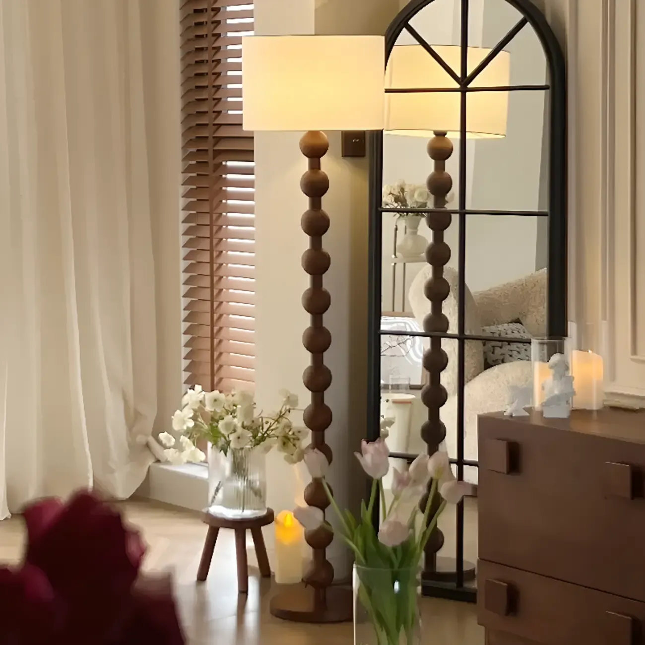 Stacked Ball Wood Floor Lamp with Fabric Shade for Living Room Image - 4