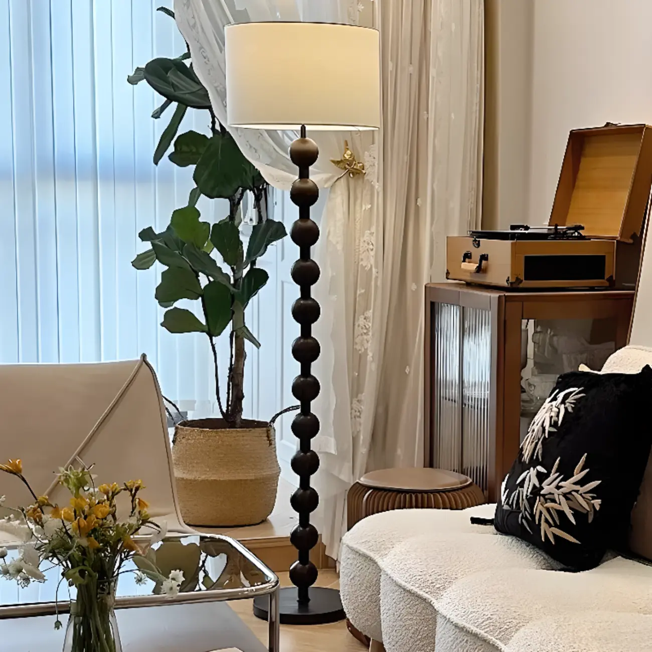 Stacked Ball Wood Floor Lamp with Fabric Shade for Living Room Image - 5 | homeyfad