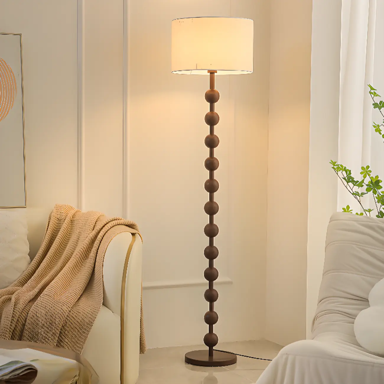 Stacked Ball Wood Floor Lamp with Fabric Shade for Living Room Image - 12 | homeyfad