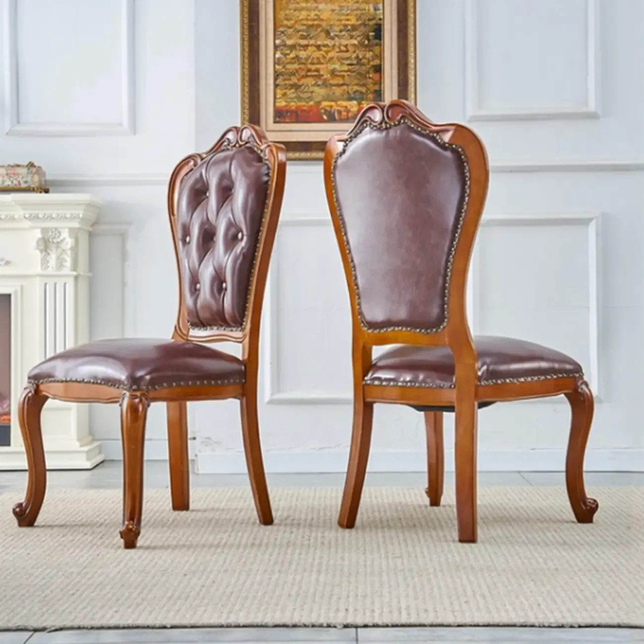 Traditional Brown Wood Leather Upholstered Armless Dining Chair Image - 1