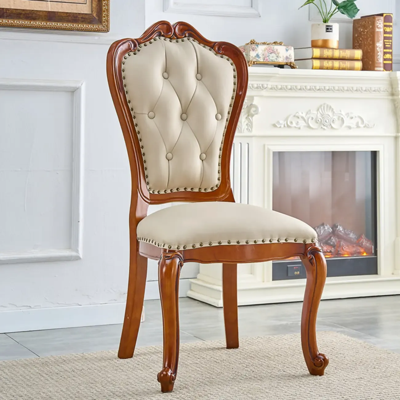 Traditional Brown Wood Leather Upholstered Armless Dining Chair Image - 2