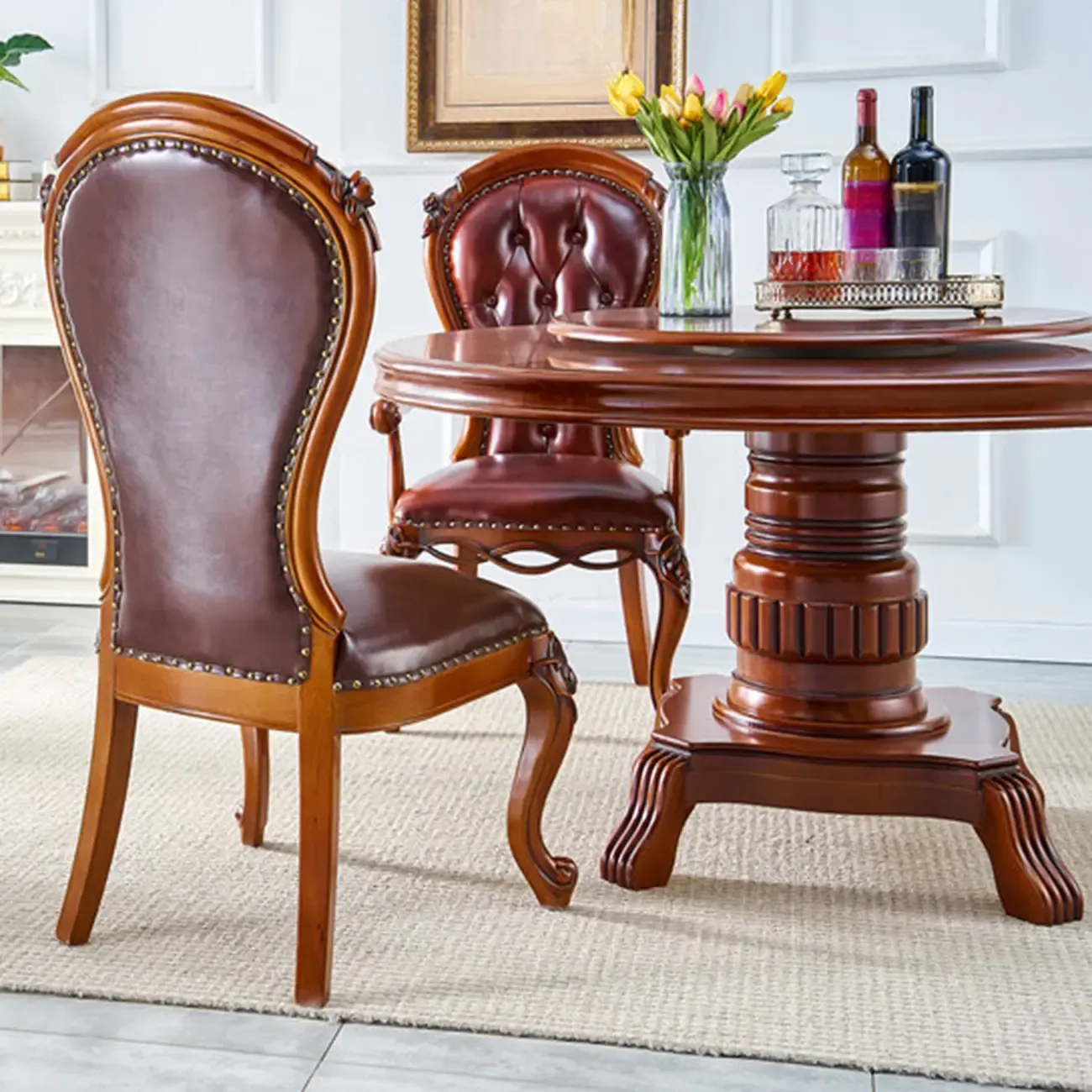 Traditional Brown Wood Leather Upholstered Armless Dining Chair Image - 4