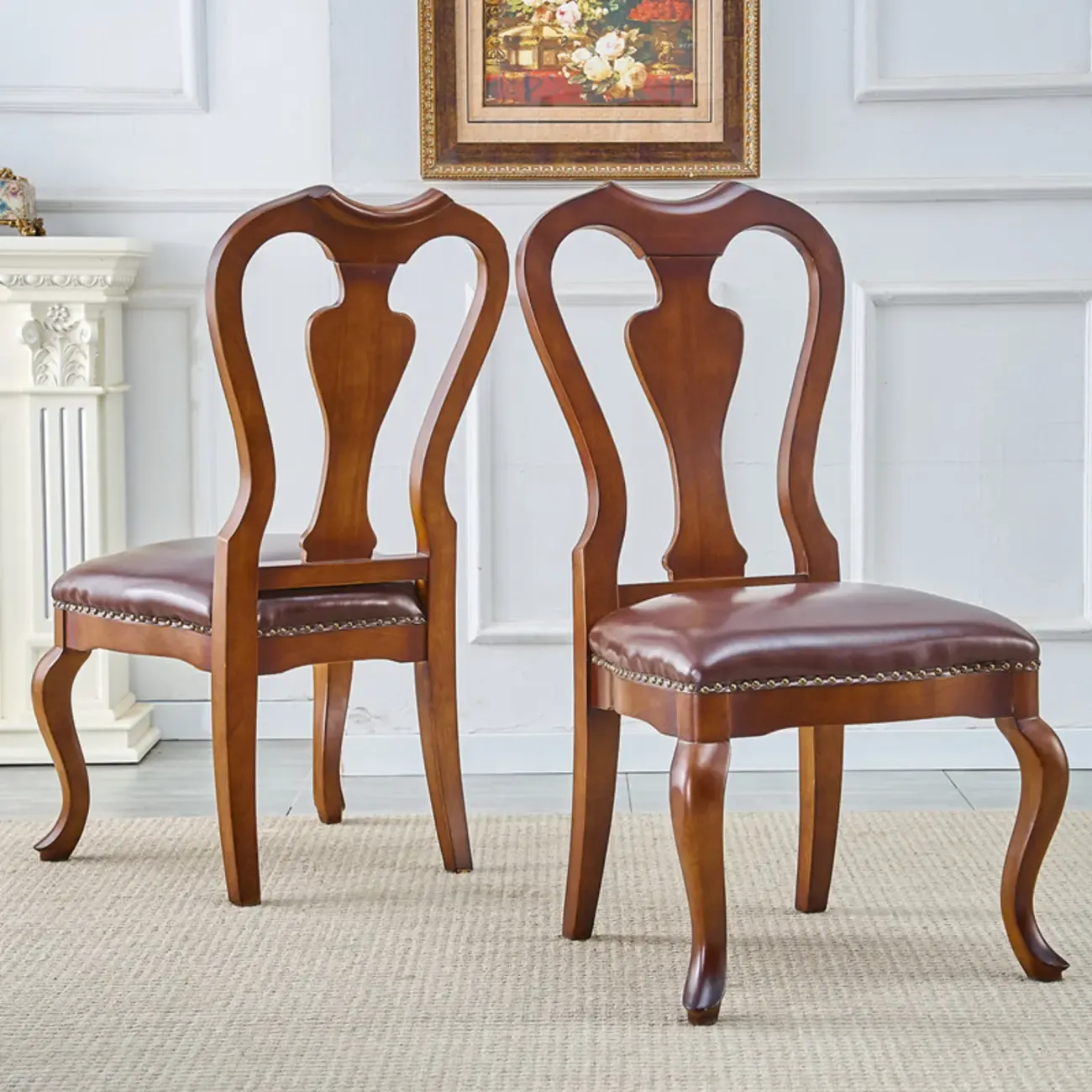 Traditional Brown Wood Leather Upholstered Armless Dining Chair Image - 6