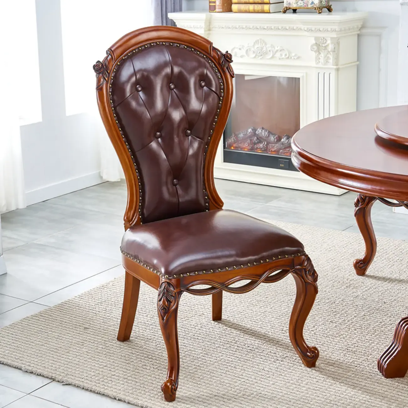 Traditional Brown Wood Leather Upholstered Armless Dining Chair Image - 7