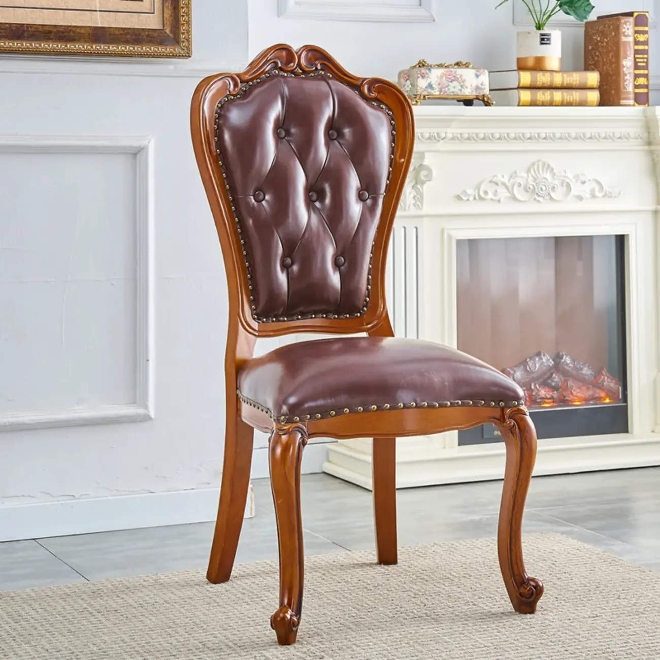Traditional Brown Wood Leather Upholstered Armless Dining Chair Image - 8