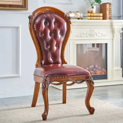 Traditional Brown Wood Leather Upholstered Armless Dining Chair Image - 9