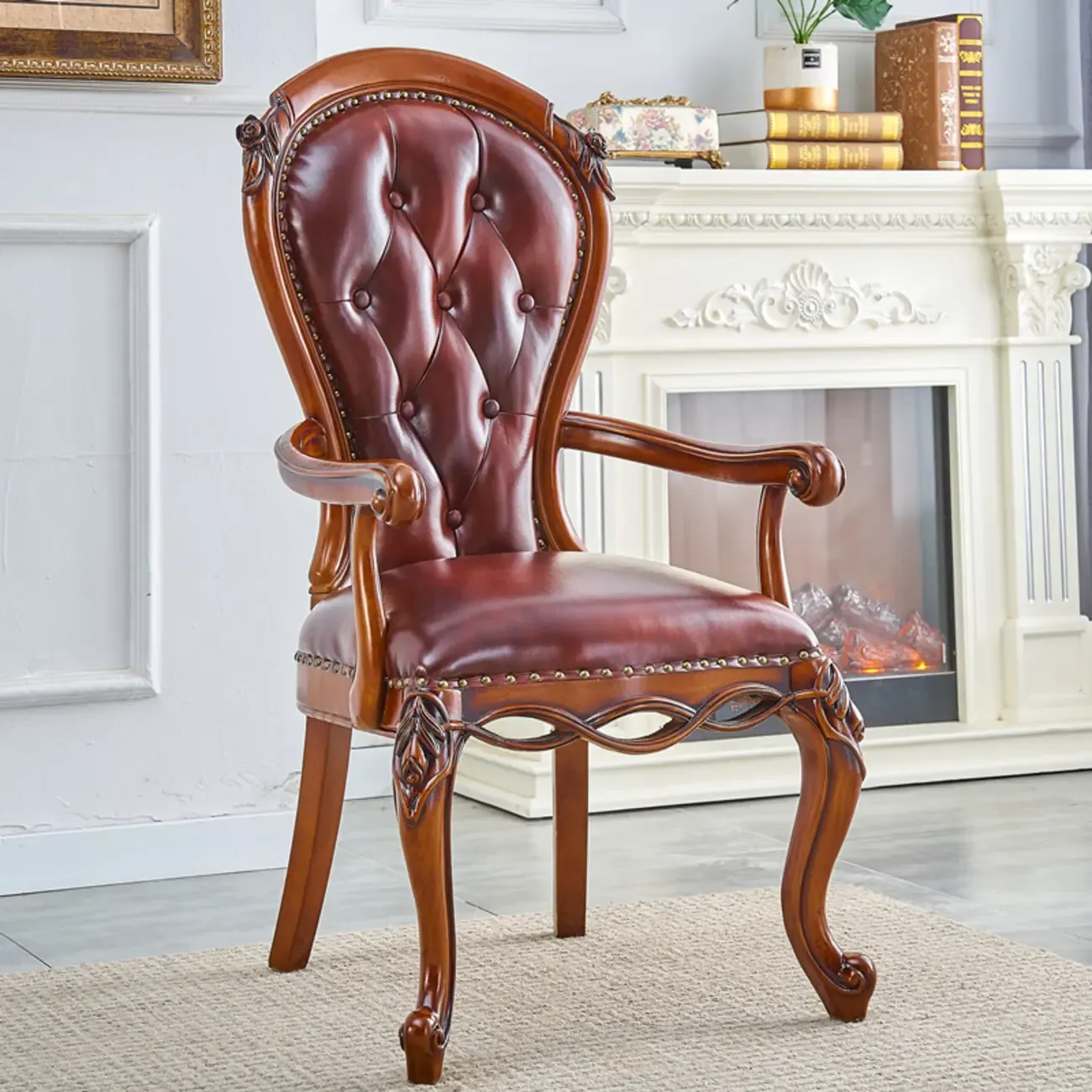Traditional Brown Wood Leather Upholstered Armless Dining Chair Image - 12