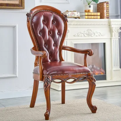 Traditional Brown Wood Leather Upholstered Armless Dining Chair Image - 12