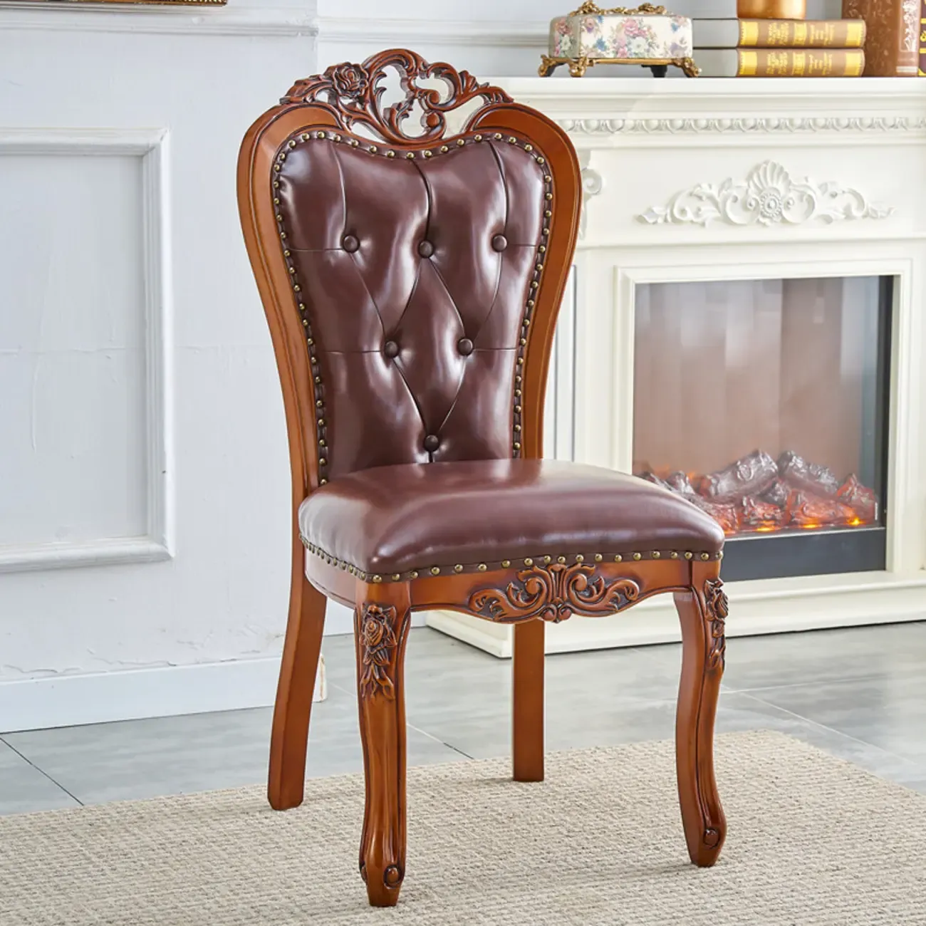 Traditional Brown Wood Leather Upholstered Armless Dining Chair Image - 13
