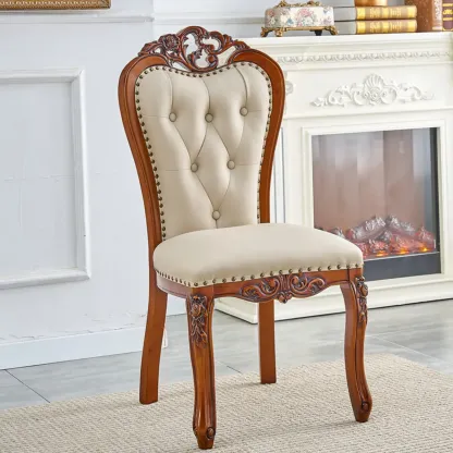 Traditional Brown Wood Leather Upholstered Armless Dining Chair Image - 14