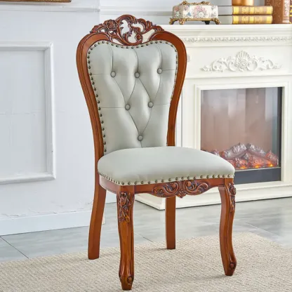 Traditional Brown Wood Leather Upholstered Armless Dining Chair Image - 15