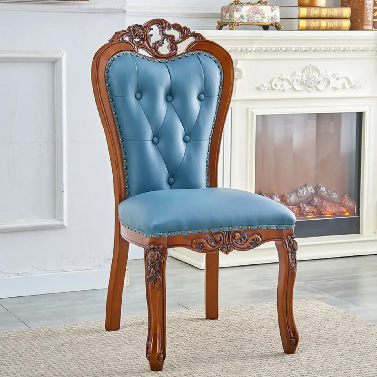 Traditional Brown Wood Leather Upholstered Armless Dining Chair Image - 16