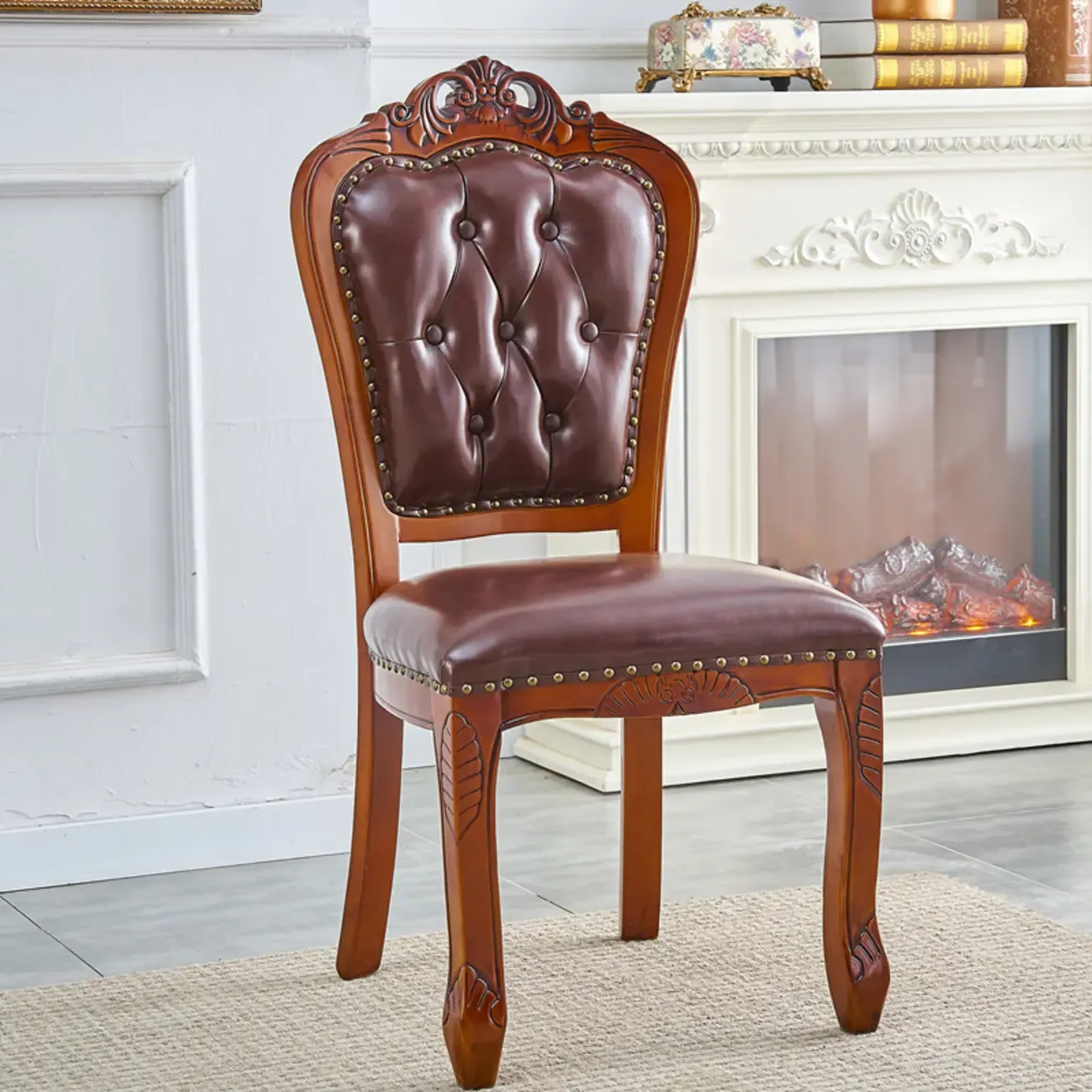 Traditional Brown Wood Leather Upholstered Armless Dining Chair Image - 17