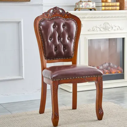 Traditional Brown Wood Leather Upholstered Armless Dining Chair Image - 17