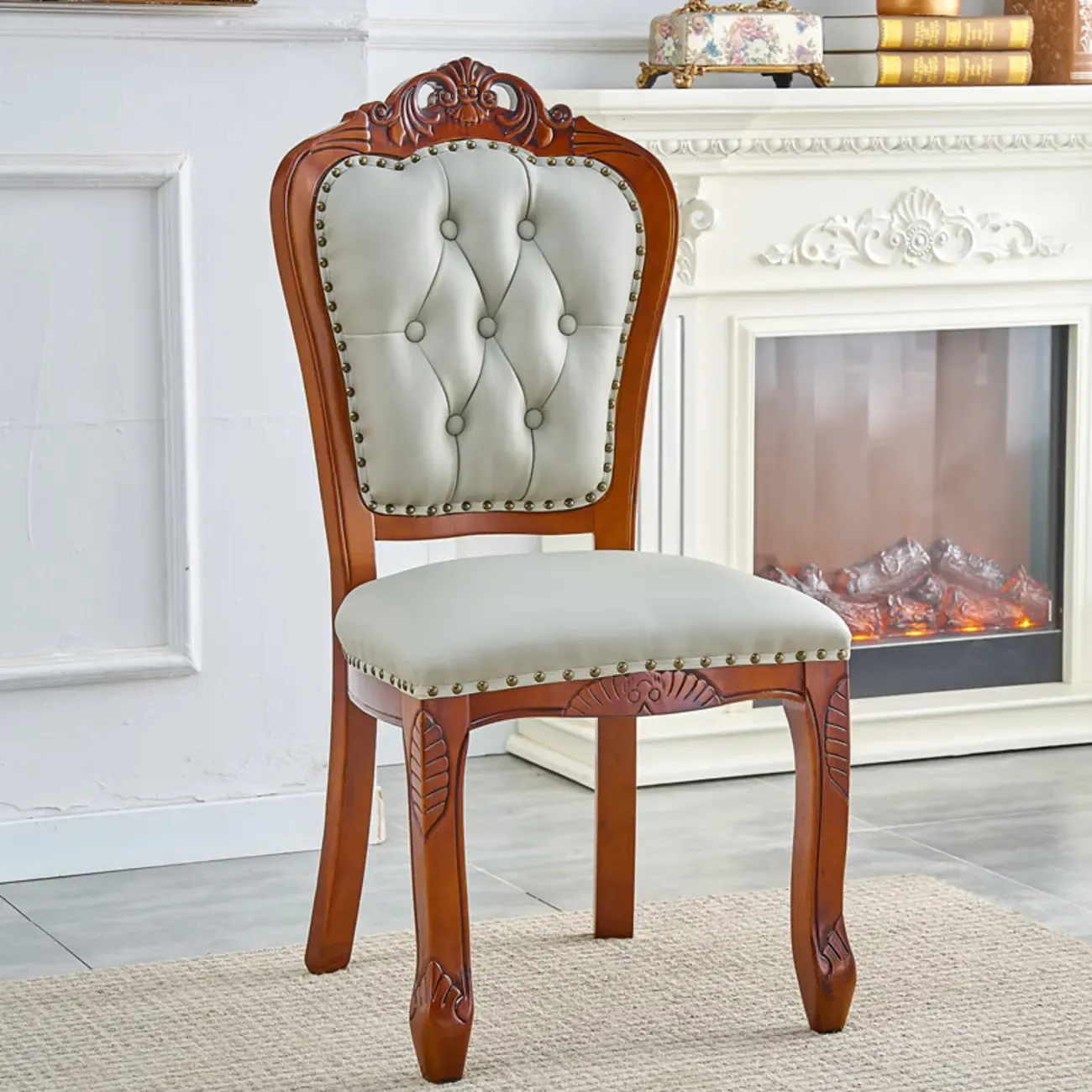 Traditional Brown Wood Leather Upholstered Armless Dining Chair Image - 18