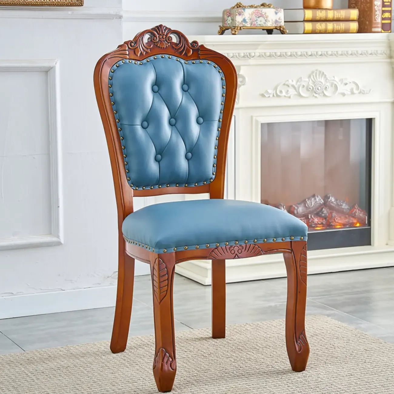 Traditional Brown Wood Leather Upholstered Armless Dining Chair Image - 19