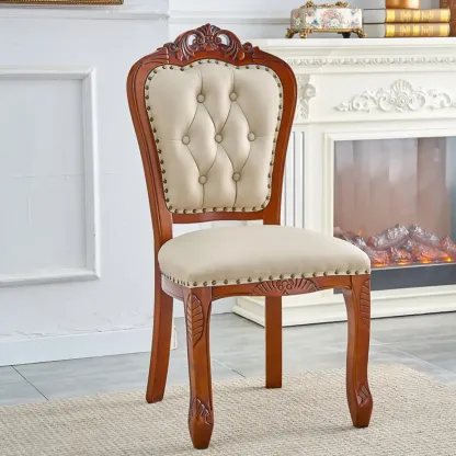 Traditional Brown Wood Leather Upholstered Armless Dining Chair Image - 20