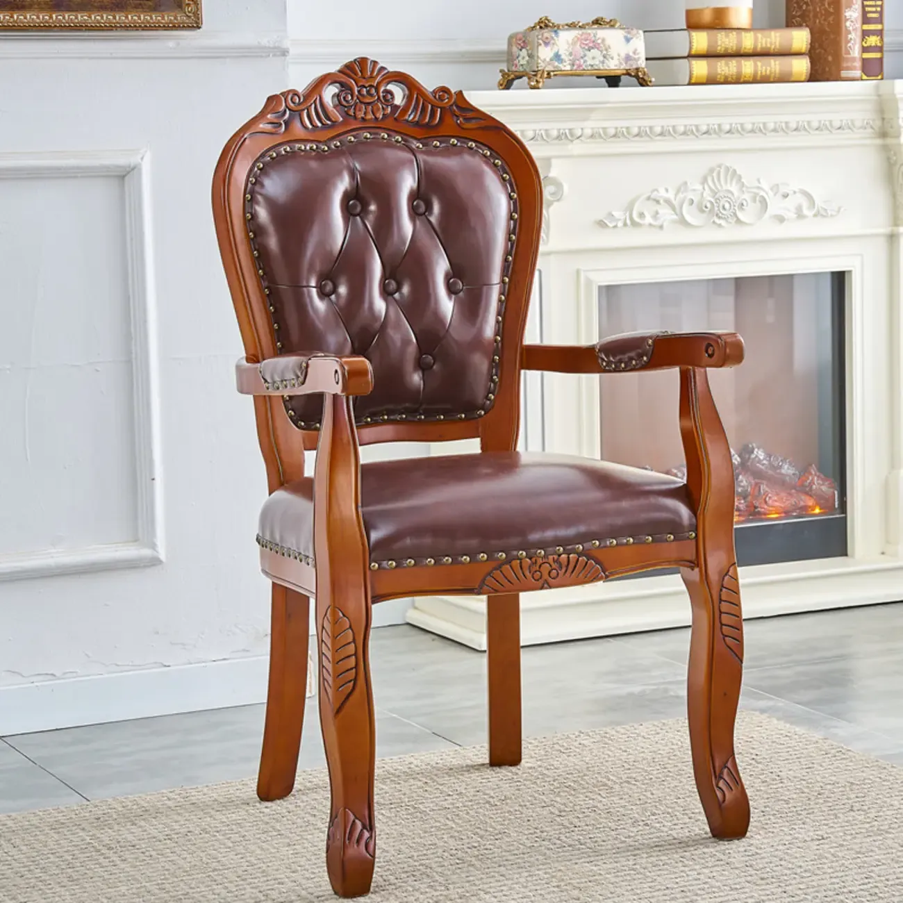 Traditional Brown Wood Leather Upholstered Armless Dining Chair Image - 21